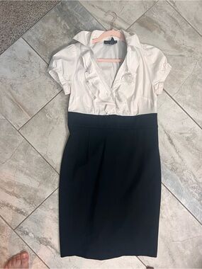 INC International Concepts White and Black Ruffle-Front Pencil Dress